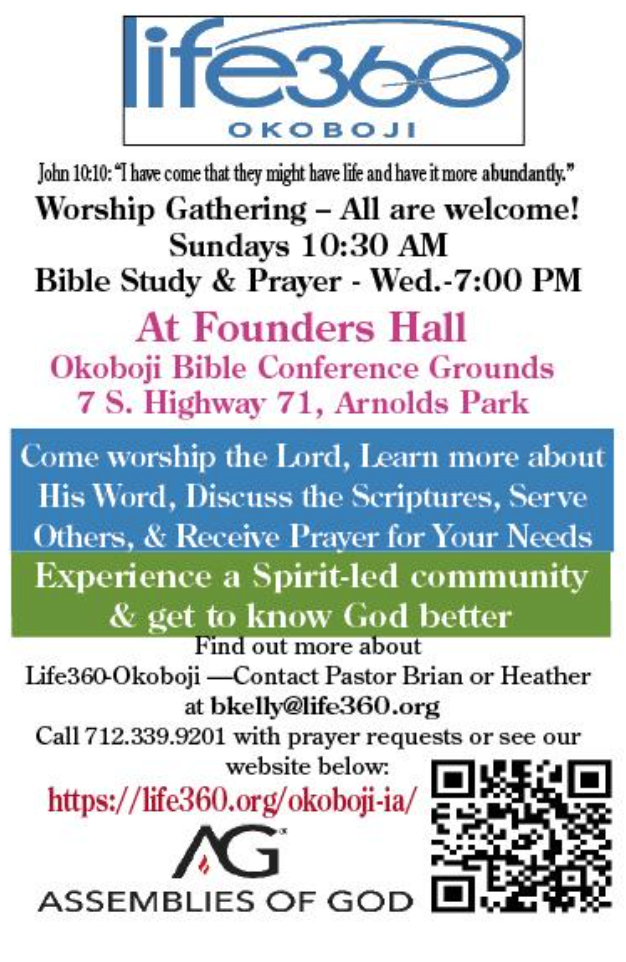 Join us on Sunday morning gatherings at 10:30 AM @ Founder’s Hall – Okoboji Bible Conference Grounds – 7 S. US. 71, Arnolds Park, IA to worship the Lord, discuss God’s Word, pray for one another and connect in community.