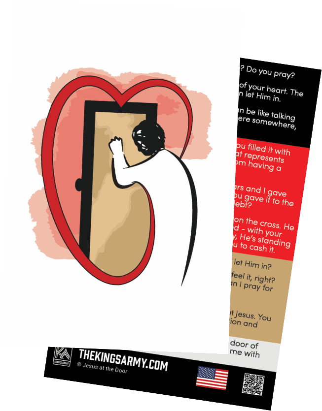 The Jesus At The Door card, showing Jesus knocking on a door within a heart, with the Gospel-sharing guide behind it.