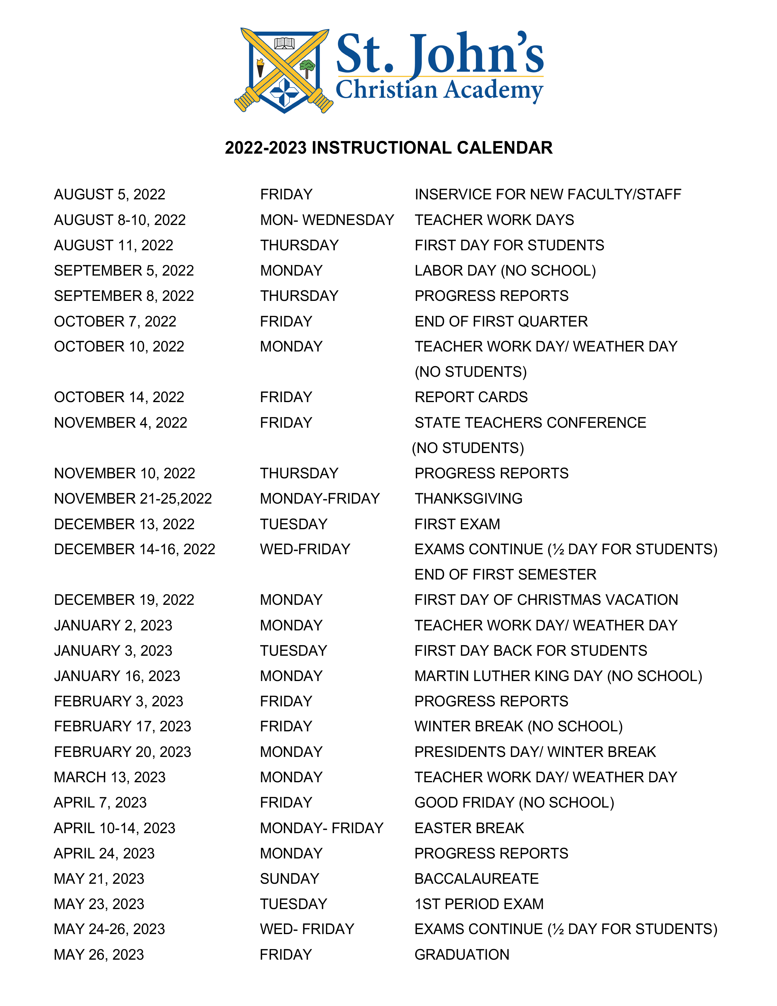 2022-2023 School Calendar | St. John's Christian Academy