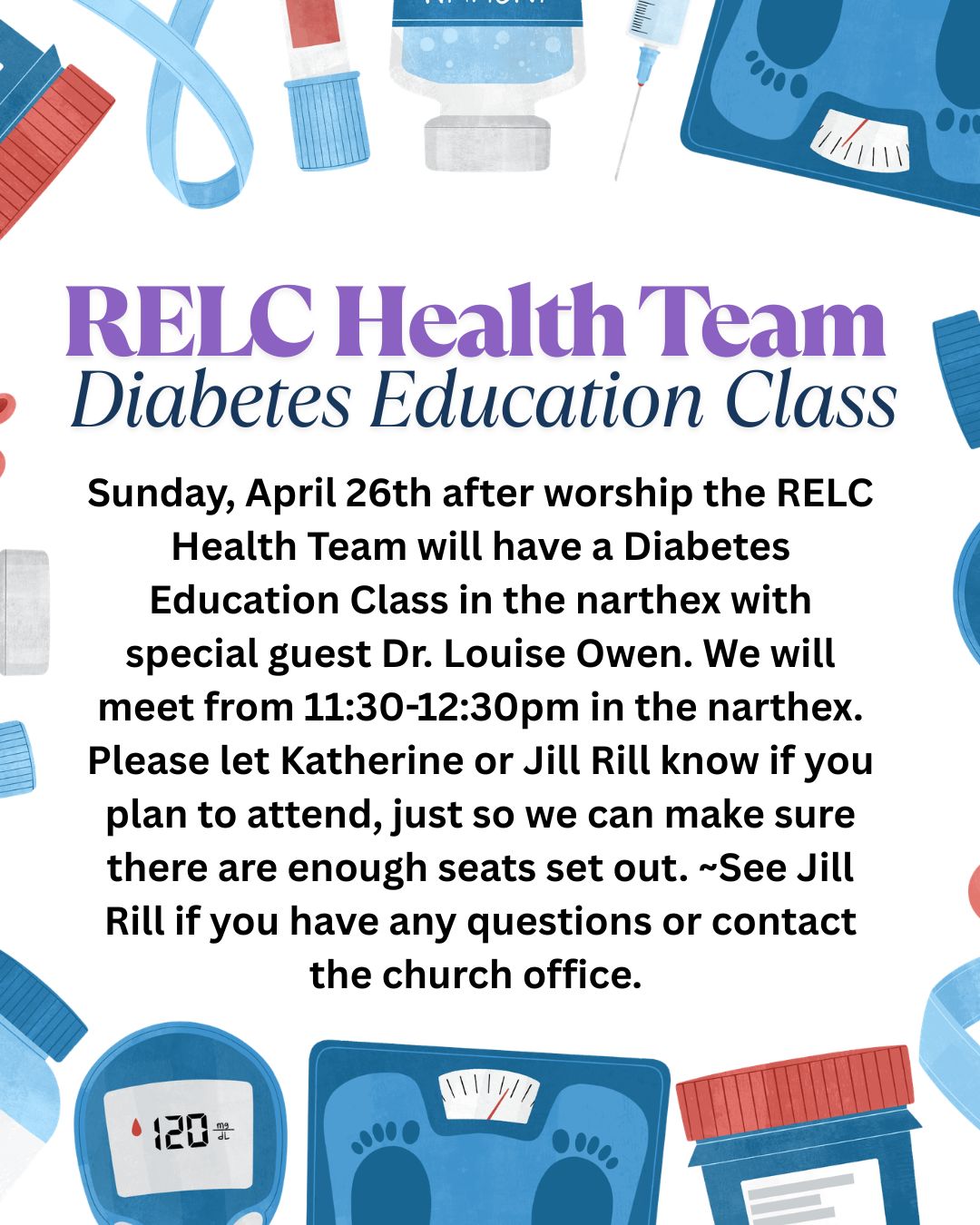 Diabetes Educational Talk 4/26 after 10am worship
