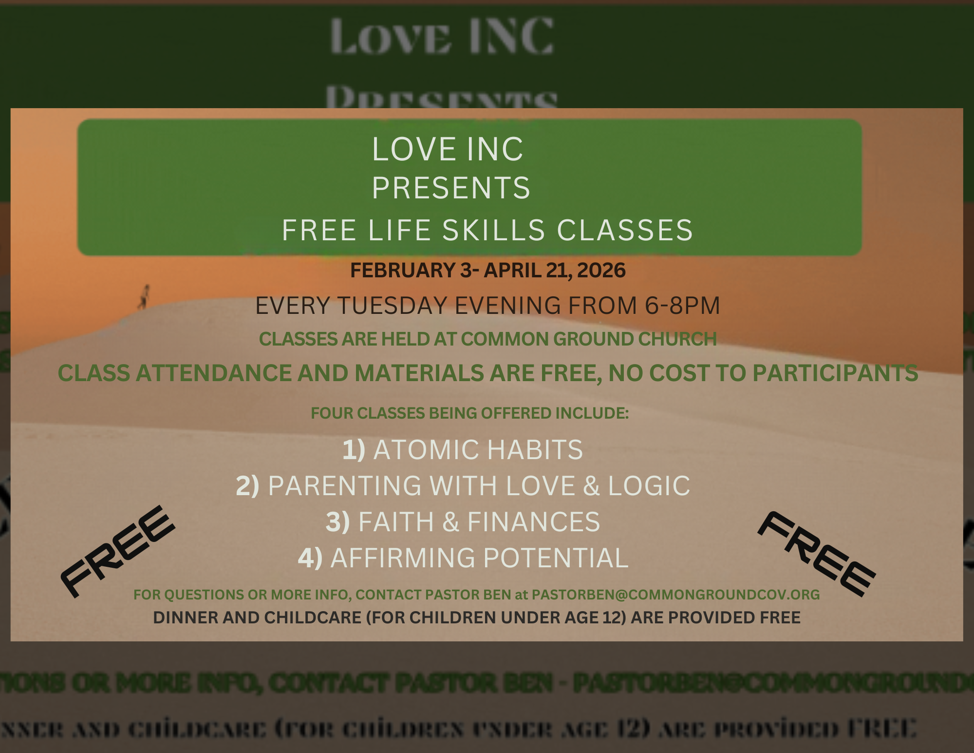 Love INC free life skills classes February 3 through April 21 2026 at Common Ground Church