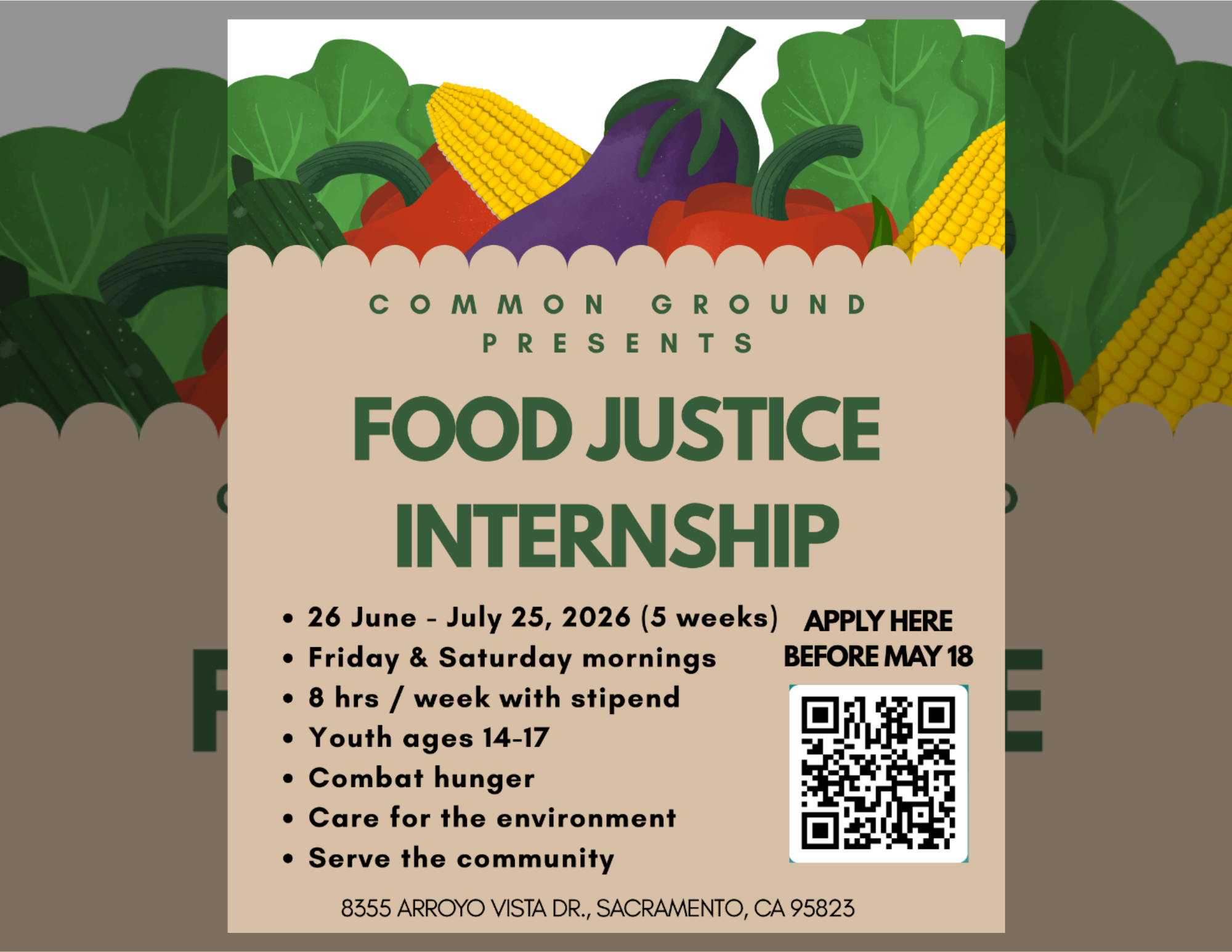 Food Justice Internship – June 26 through July 25, 2026. Youth ages 14–17. Apply before May 18.