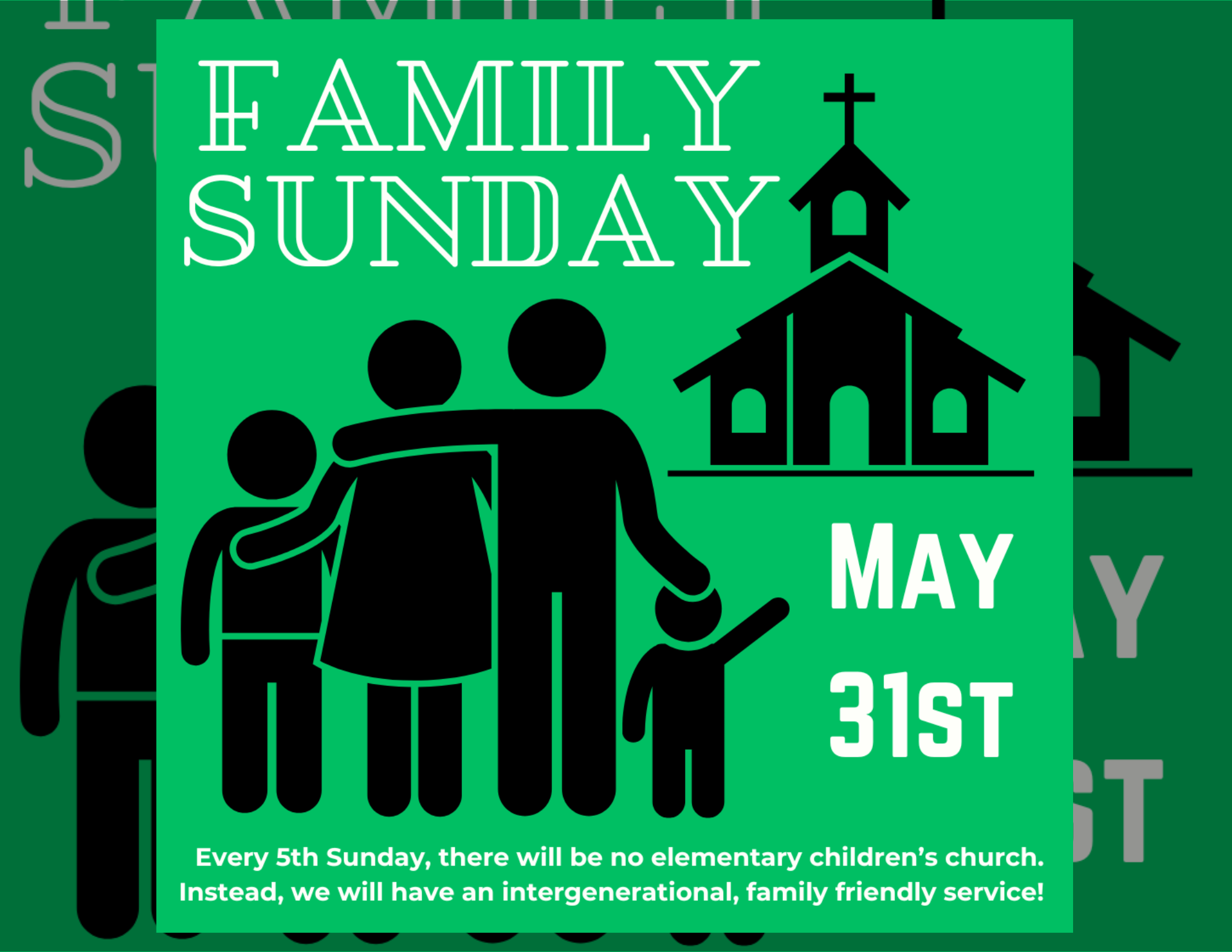 Family Sunday May 31, every 5th Sunday, intergenerational family friendly service at Common Ground Church