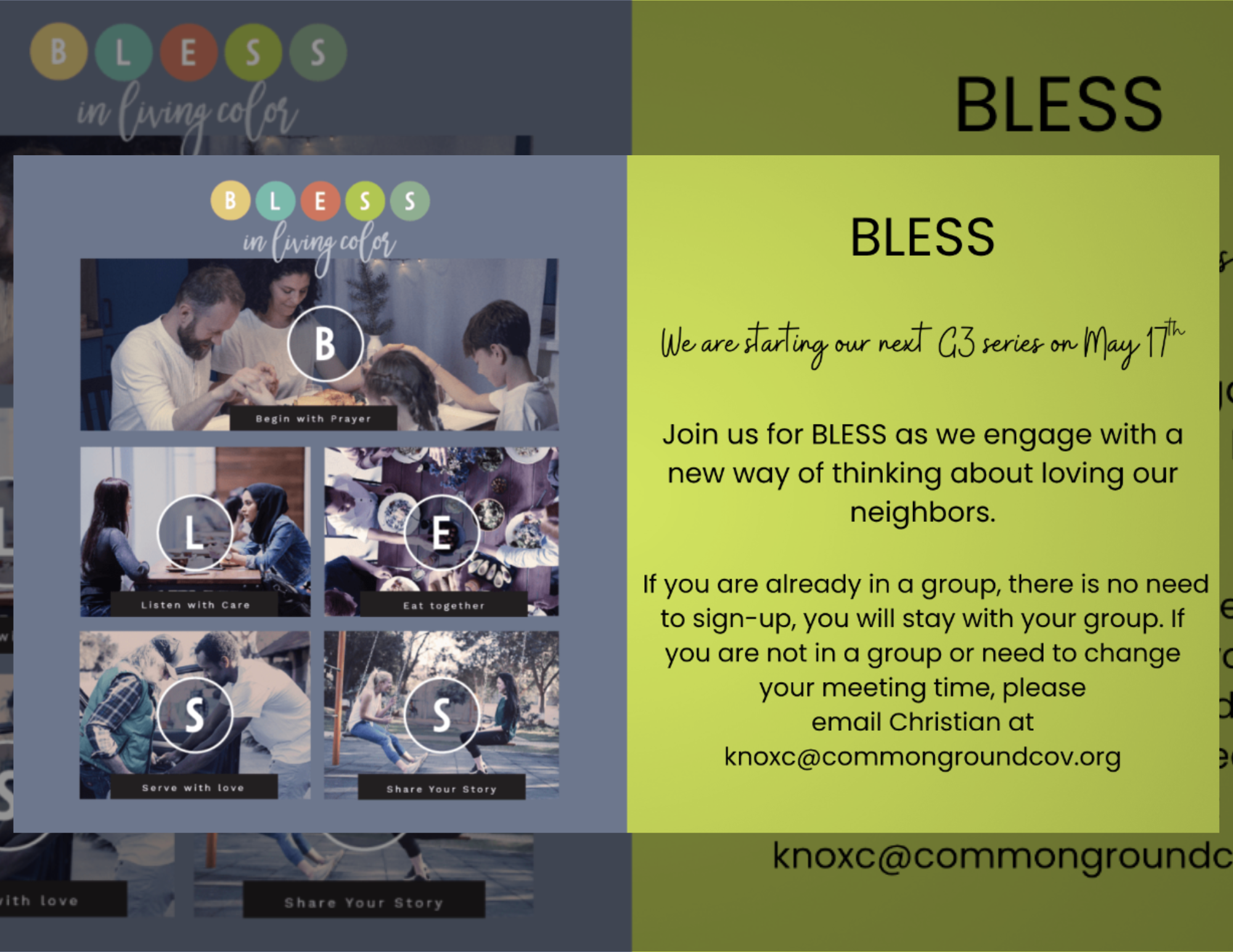 BLESS G3 series starting May 17, new way of thinking about loving our neighbors