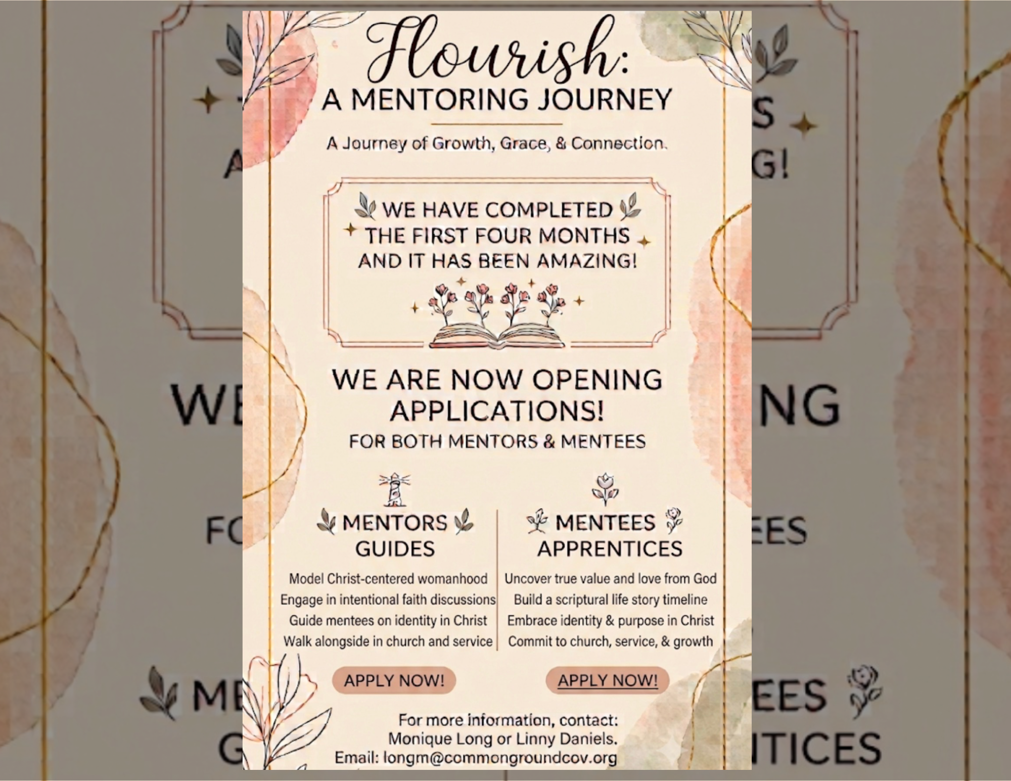 Flourish, a mentoring journey, journey of growth grace and connection, now opening applications for mentors and mentees