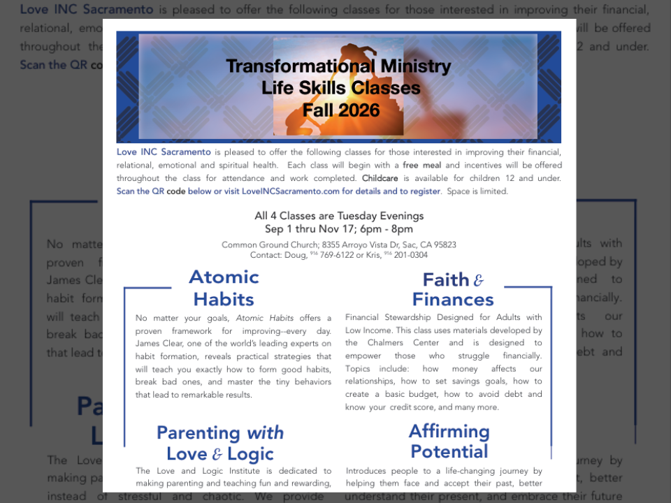 Transformational Ministry Life Skills Classes Fall 2026, Atomic Habits, Faith and Finances, Parenting with Love and Logic, Affirming Potential, Tuesdays September 1 through November 17, 6 to 8 PM, Common Ground Church