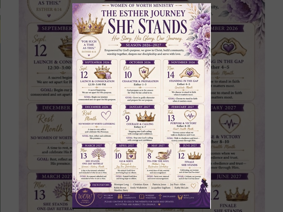 Women of Worth Ministry The Esther Journey She Stands, Her Story His Glory Our Journey, Season 2026 to 2027, Launch and Consecration September 12, 12:30 to 3 PM