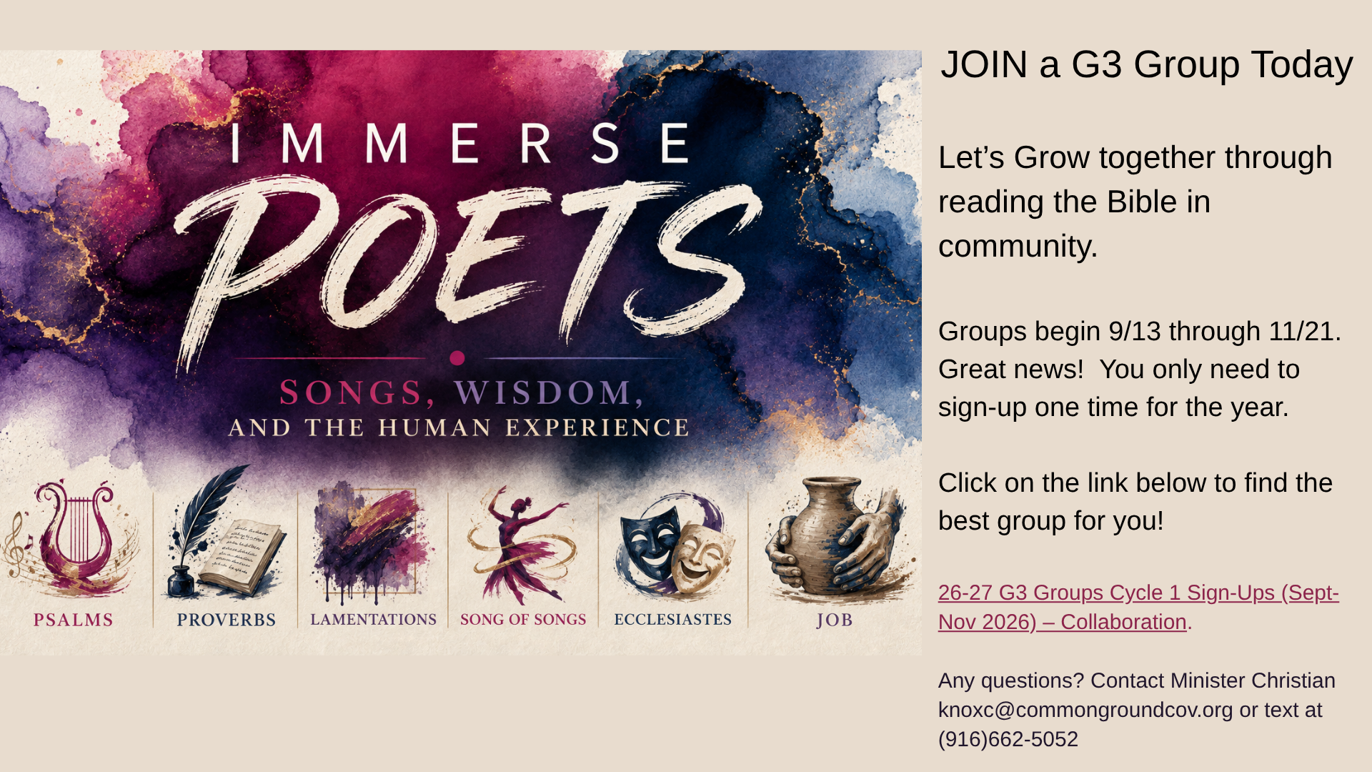 Immerse Poets, Songs Wisdom and the Human Experience, G3 Groups begin September 13 through November 15