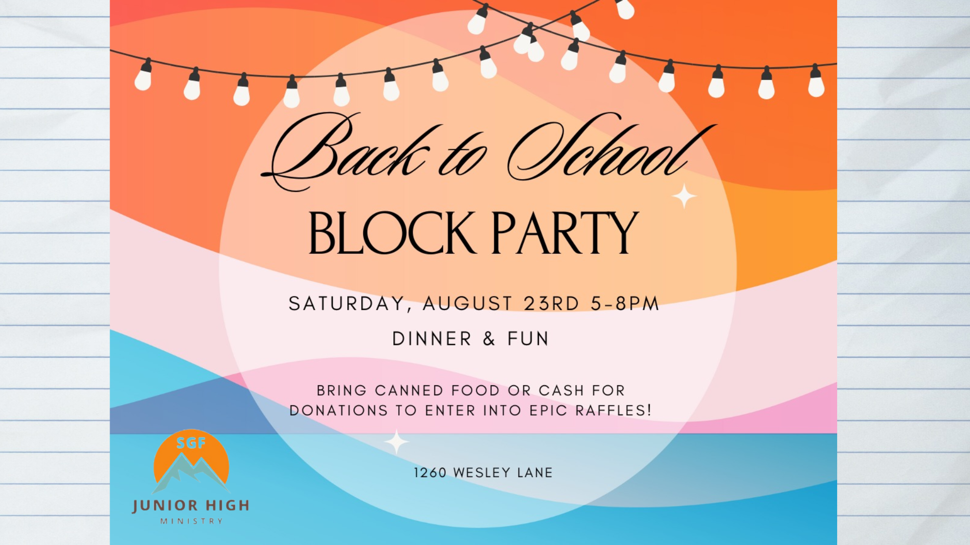 Jr High Back to School Block Party 8/23 5-8pm