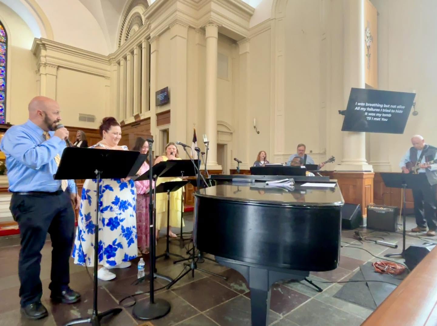 The worship band leading a song in the Sanctuary.