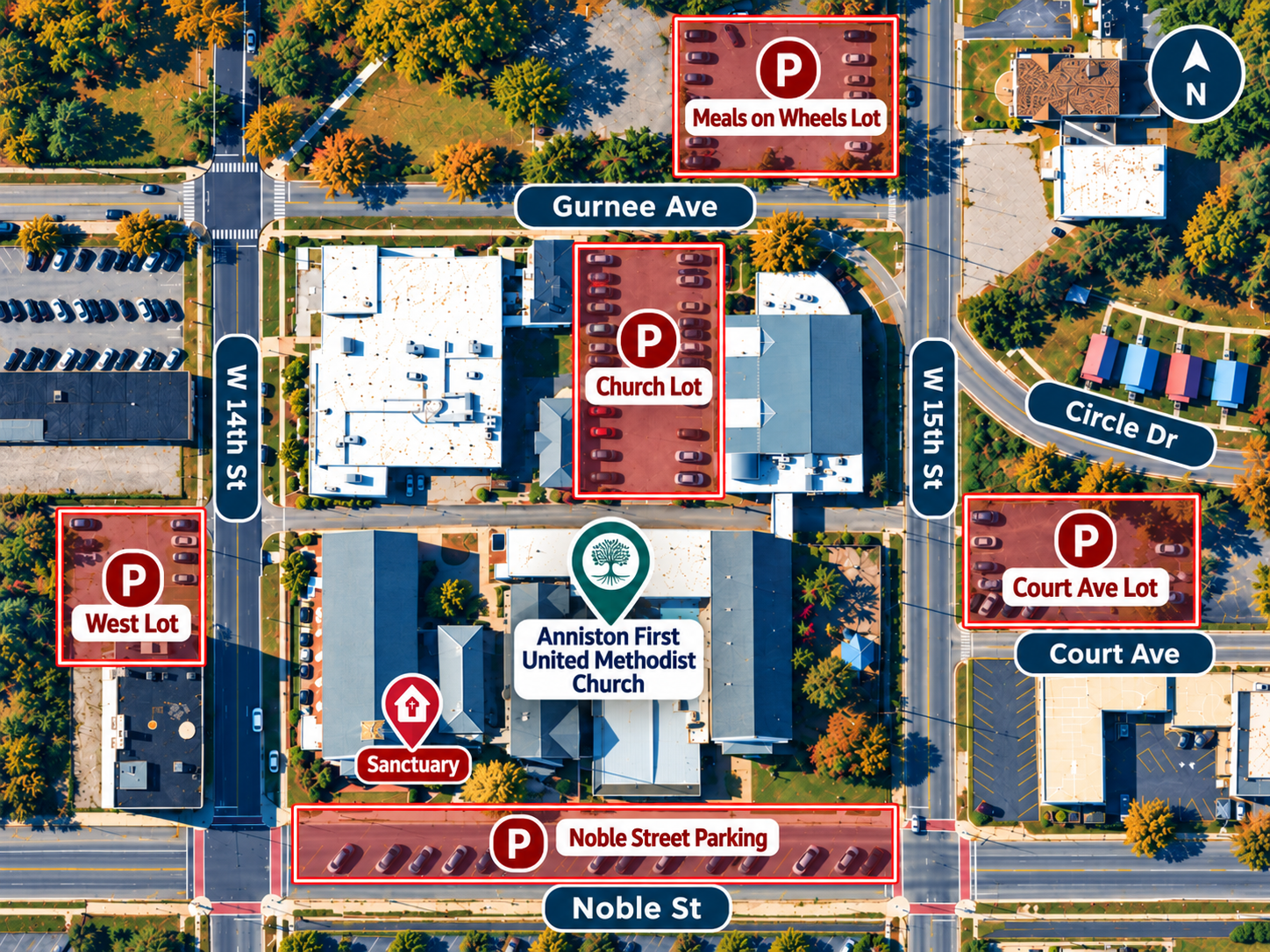 Aerial map of the church block with the Sanctuary entrance marked and the same five nearby parking areas.