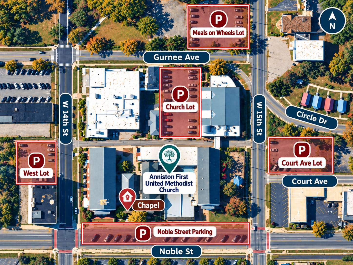 Aerial map of the church block with Acker Chapel marked and five nearby parking areas: Noble Street parking, the West Lot, the Church Lot, the Court Avenue Lot, and the Meals on Wheels Lot.
