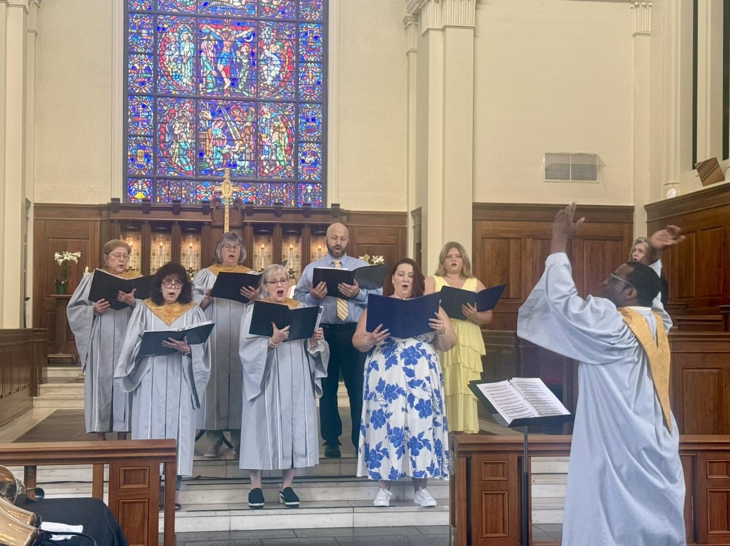 The choir singing during worship in the Sanctuary.