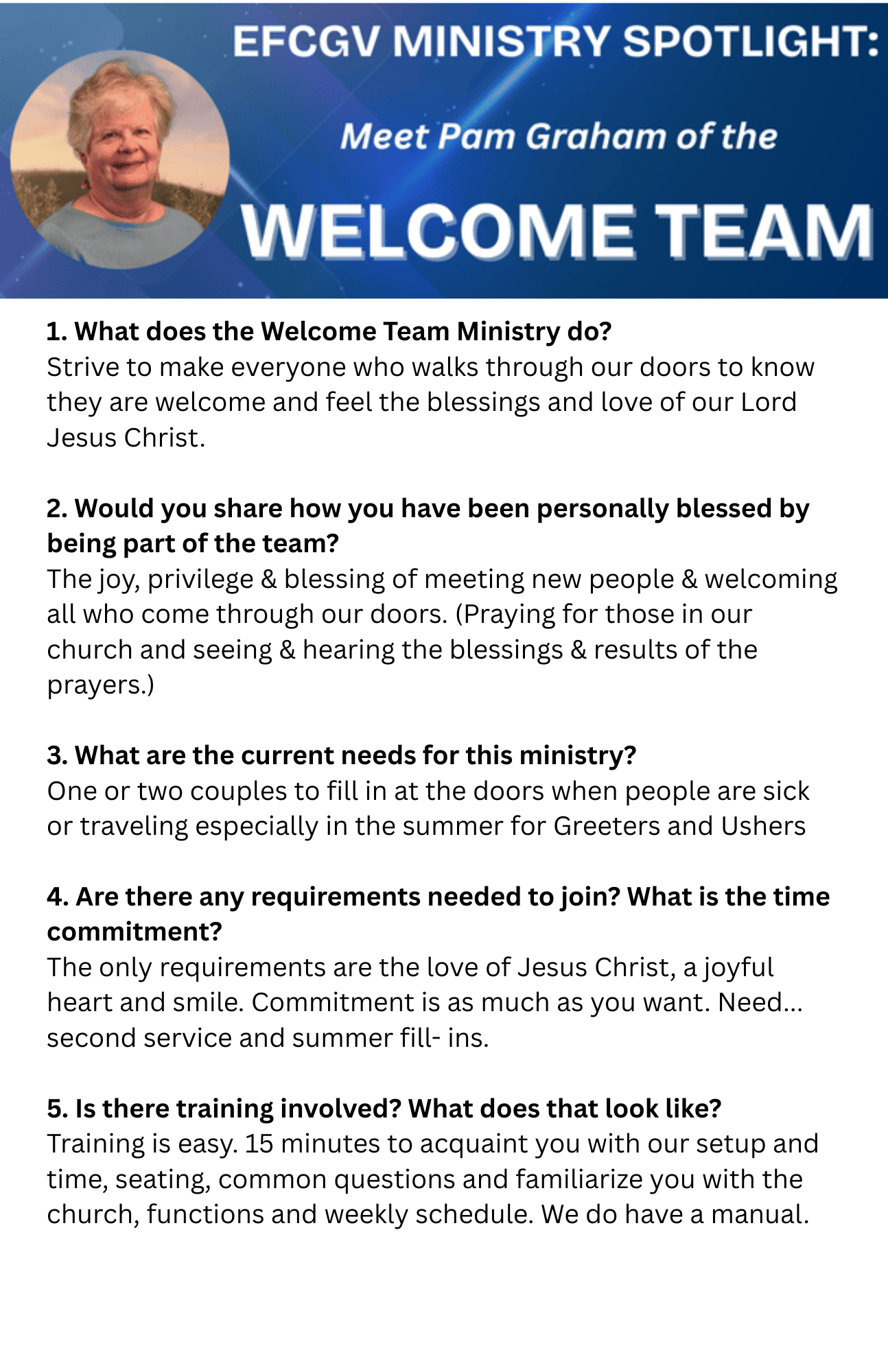 EFCGV MINISTRY SPOTLIGHT - WELCOME TEAM